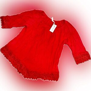 NY Collection Red Boho Peasant Top XL Women’s Tunic Blouse Crochet Lace Hem
